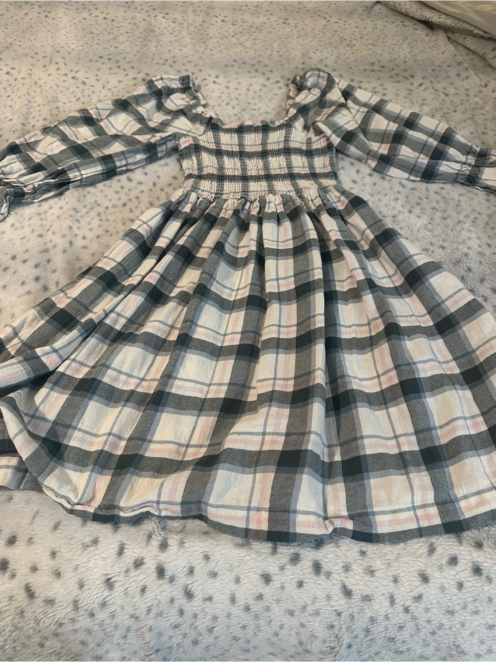 Madewell Smocked Plaid Dress in Cream and Green